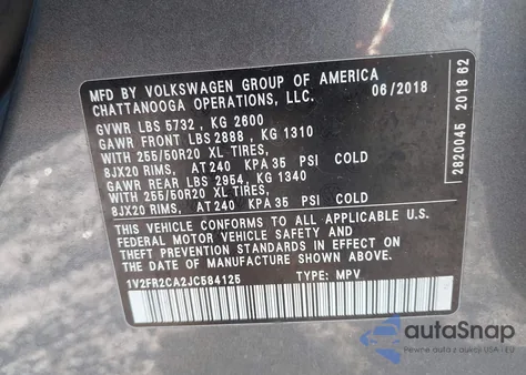 2018 Volkswagen Atlas 3.6L V6 Se W/Technology z USA, uszkodzony, nr VIN 1V2FR2CA2JC584125